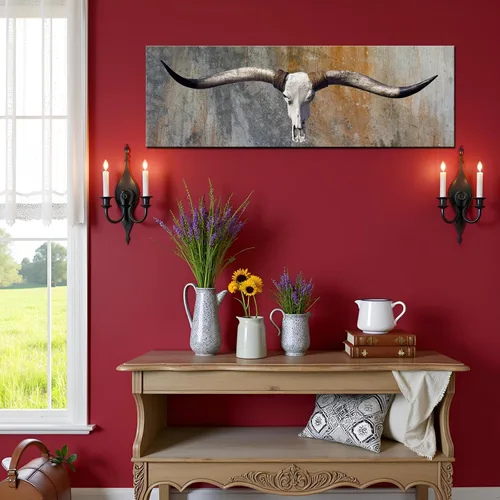 Vista 2 de Biuteawal Lienzo vintage de cráneo de toro, arte de pared con cabeza de cuerno largo, cráneo, pintura de bisonte, vaca, vida silvestre, obra de arte