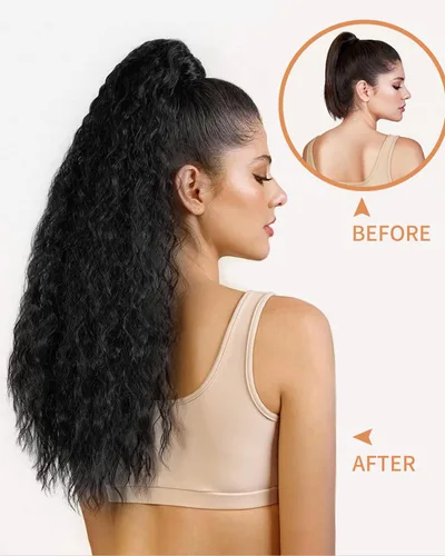 Vista 3 de Extensiones de pelo largo para cola de caballo ondulado con cordón de 22 pulgadas, cabello sintético con cordón, para mujer