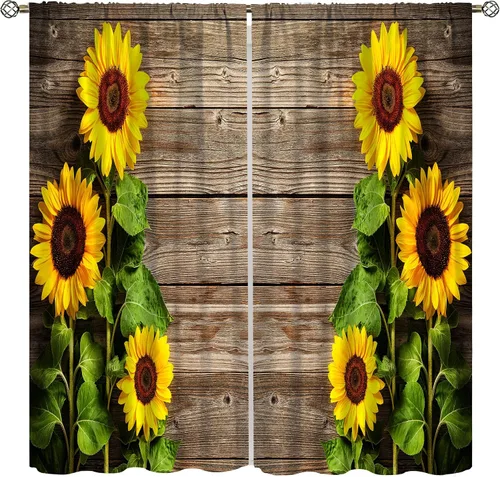 Vista 19 de Sunflower Curtains for Living Room Bedroom, Spring Nature Blue Sky and Butterfly Window Drapes, Rustic Wooden Fence Floral Botanical Decor, 2 Panels