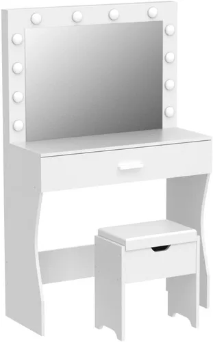 Vista 4 de Tocador con espejo iluminado, juego de tocador de maquillaje con taburete de almacenamiento, mesa de maquillaje con cajón grande, mesa de tocador