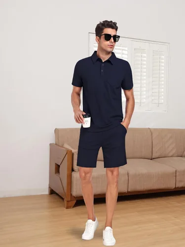 Vista 3 de WIGUREN Conjunto de camisa polo y pantalones cortos para hombre, conjunto de 2 piezas, de verano, casual, de punto gofre, de manga corta, para hombre