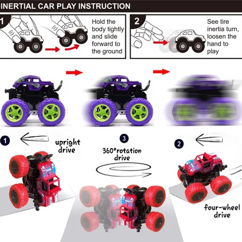 Vista 9 de Monster Trucks para niños, paquete de 4 vehículos de tracción para niños pequeños, rotación de 360°, 4 ruedas, autos de fricción duraderos, juguetes