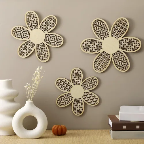 Vista 9 de Maitys 3 piezas de decoración de pared de margaritas bohemias, flores de ratán natural, arte bohemio de madera, flores de guardería, decoración