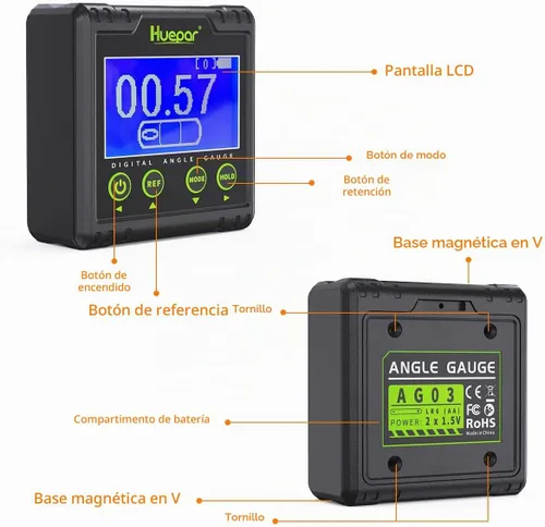 Vista 8 de Huepar Transportador de Medidor de Ángulo Digital, Buscador de Ángulo de Burbuja Electrónico, Caja de Nivel de Doble Eje con Resolución de 0.01°
