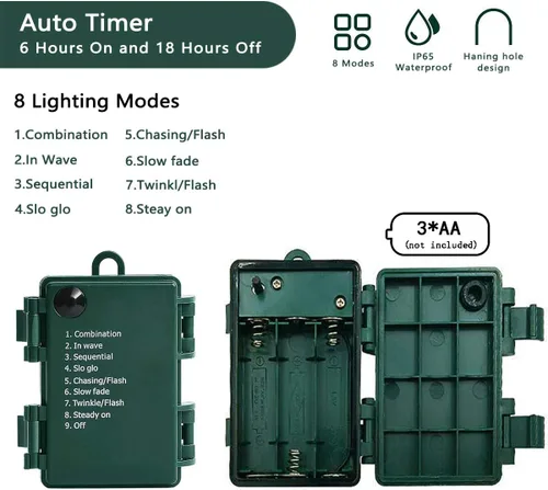 Vista 7 de Luces de Navidad a pilas, paquete de 2 mini tiras de 50 luces LED de 17 pies con 8 modos de temporizador automático, luces de árbol impermeables