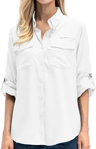 Vista 14 de Camisas Safari de manga larga con protección solar UV UPF 50 para mujer 6 Rosa