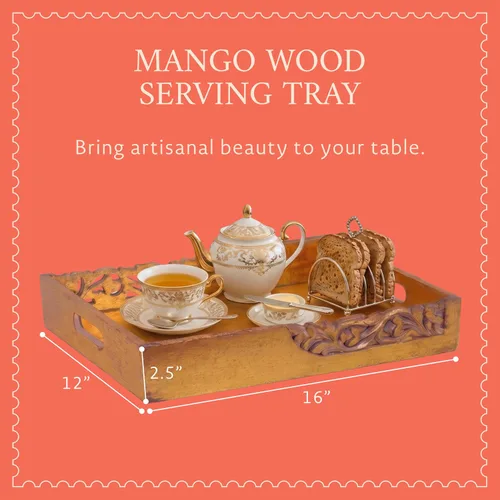Vista 2 de Mela Artisans Bandeja para servir de madera de mango de 16 x 12 x 2.5 pulgadas con asas, dorado envejecido florecido, tabla de servir de madera