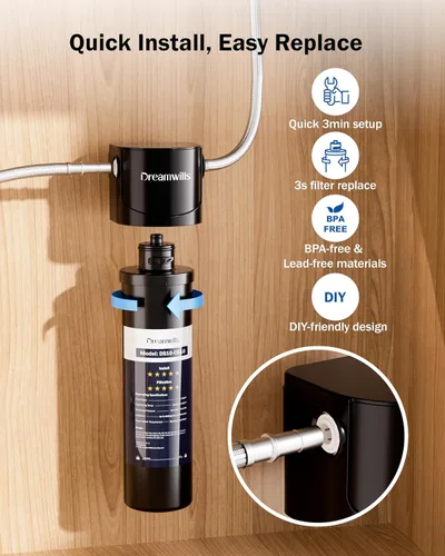 Vista 3 de Dreamwills DS10 - Sistema de filtro de agua para debajo del fregadero, filtración de grifo de cocina de conexión directa de 1.3 GPM, instalación sin