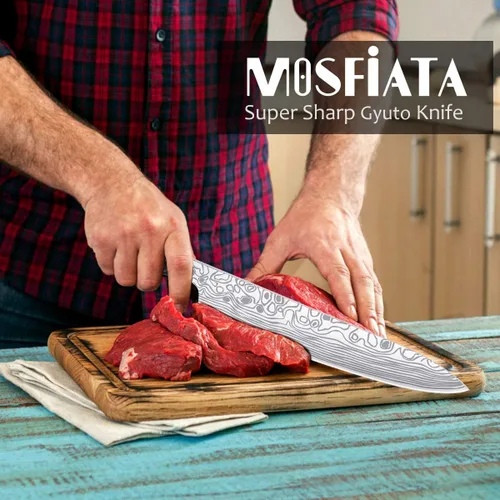 Vista 5 de MOSFiATA - Cuchillo de chef de 10 pulgadas súper afilado, cuchillo de cocina profesional con protector de dedos en caja de regalo, cuchillo