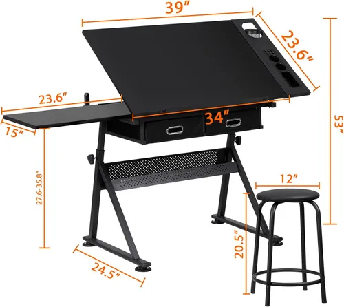 Vista 8 de Mesa de Dibujo Escritorio de Dibujo Estación de Trabajo de Arte y Manualidades Altura Ajustable Tablero Inclinable Mesa de Manualidades Escritorio