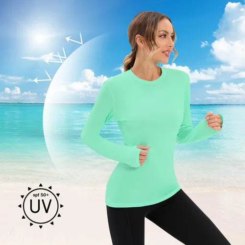 Vista 5 de Zando Camiseta de manga larga UPF 50+ con protección solar de secado rápido, ligera, cuello redondo, UV