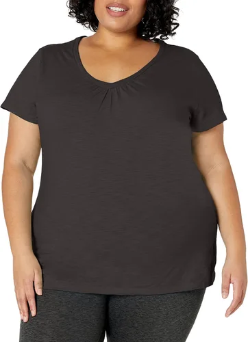 Vista 6 de Just My Size, playera con cuello en V fruncido y mangas cortas, para mujer Negro