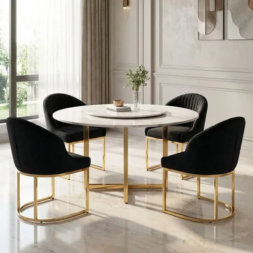 Vista 14 de Hyfirm Juego de 2 sillas de comedor tapizadas de terciopelo negro y dorado, sillas de cocina modernas con acento de barril glamoroso, patas de metal