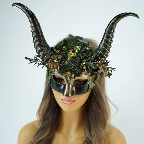 Vista 4 de Cuernos de hadas, cuernos de cosplay, máscara de cuernos de carnero de cabra, vudú, tocado de calavera pagana, bola de mascarada, máscara de cuerno