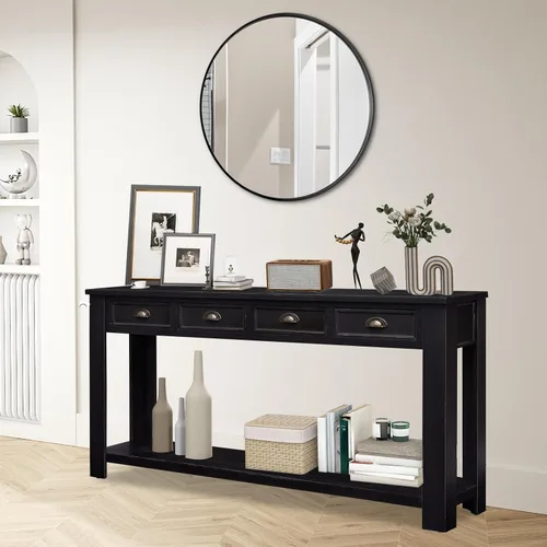 Vista 2 de kinbor Mesa consola larga para sofá, mesa de sofá de madera, mesas de entrada con 4 cajones y estante de almacenamiento para entrada, pasillo, sala