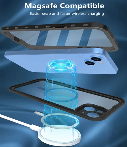 Vista 5 de Funda impermeable para iPhone 14, a prueba de golpes, a prueba de polvo, protector de pantalla integrado, anillo magnético negro