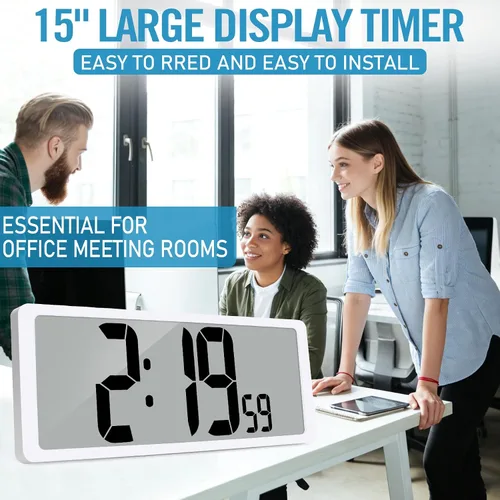 Vista 6 de Reloj de pared digital grande de 15 pulgadas con temporizador, pantalla de 8 idiomas para días de semana, temperatura y fecha, 3 alarmas