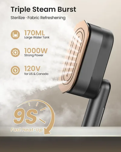 Vista 2 de LOXP Plancha de vapor de mano 2 en 1 para ropa, vaporizador de viaje de 1000 W con suela de cerámica, calentamiento rápido 9s, tanque a prueba