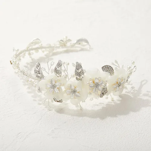 Vista 4 de SWEETV Diademas nupciales de flores marfil para boda, bandas para el cabello, accesorios para el cabello para mujeres novias