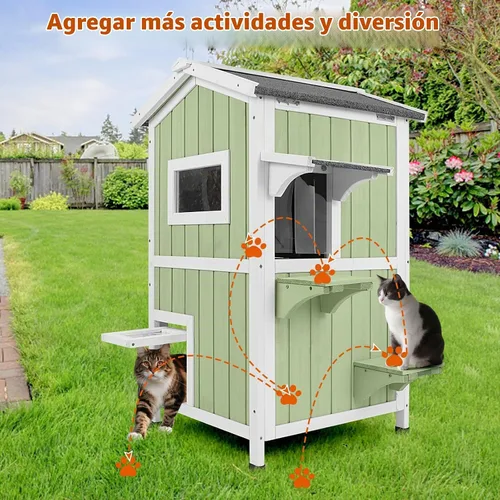 Vista 7 de Casa cálida aislada para gatos de 2 pisos, refugio resistente a la intemperie para gatos con 2 plataformas, capas térmicas, 2 puertas de escape