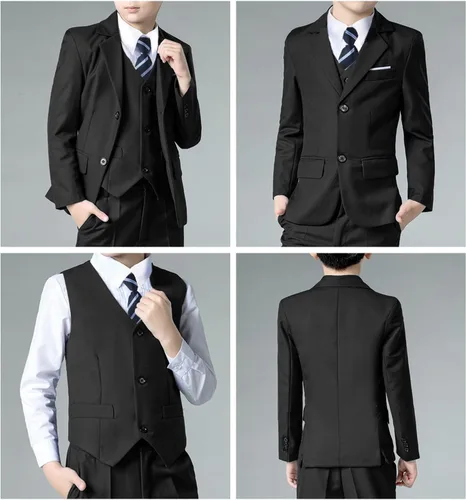 Vista 5 de Trajes negros para niños, traje ajustado formal para niños pequeños, 7 piezas, chaleco, pantalones de vestir, blazer, traje de portador de anillo