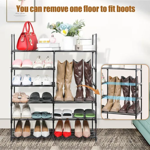 Vista 4 de Zapatero de 9 niveles para entrada, organizador de zapatos con gancho, estante de almacenamiento de zapatos, estante largo apilable para zapatos