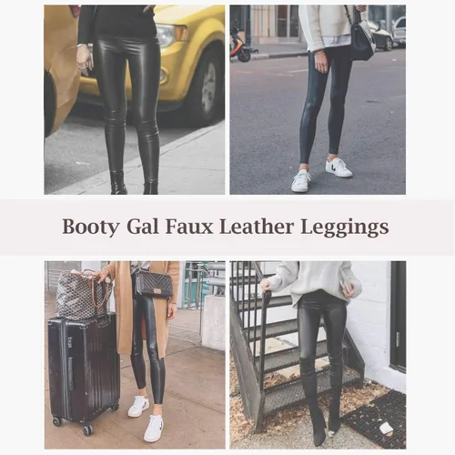 Vista 6 de BOOTY GAL Mallas femeninas de cuero sintético, medias elásticas de cintura alta