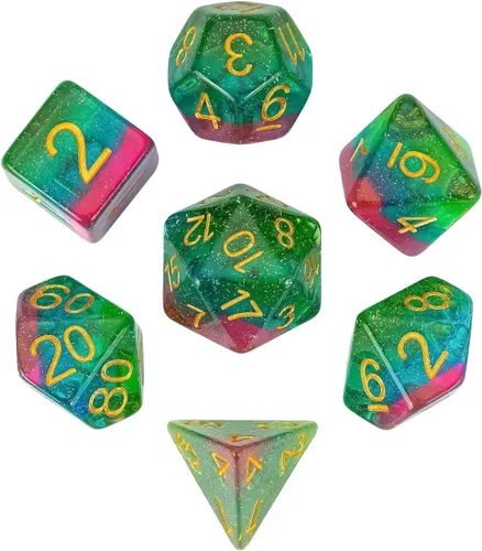 Vista 19 de Juego de dados de resina para DND, juego de 7 dados poliédricos negros D&D rellenos con papel de colores brillantes para juegos de rol