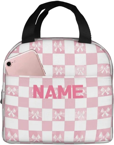 Vista 38 de Lonchera con diseño a cuadros azules aislada, bolsa térmica para almuerzo para adultos, niños, niñas, mujeres, oficina, trabajo, escuela, picnic