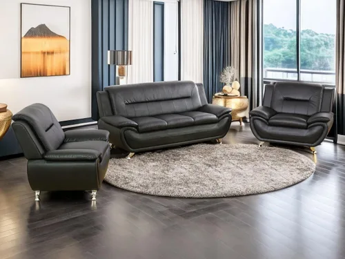 Vista 6 de Juego de sofá de cuero (3 piezas, cuero negro B), muebles de sala de estar para apartamento, material de estilo minimalista, fácil montaje B-cuero