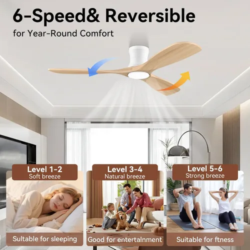 Vista 3 de Livory - Ventiladores de techo empotrados inteligentes de 52" de madera con luces y control remoto, motor CC silencioso, ventilador de techo ultra