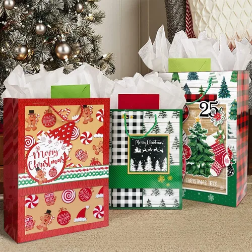 Vista 3 de Party Funny 24 bolsas de papel de regalo de Navidad a granel con asas y 60 etiquetas de regalo de Navidad, varios tamaños para envolver regalos