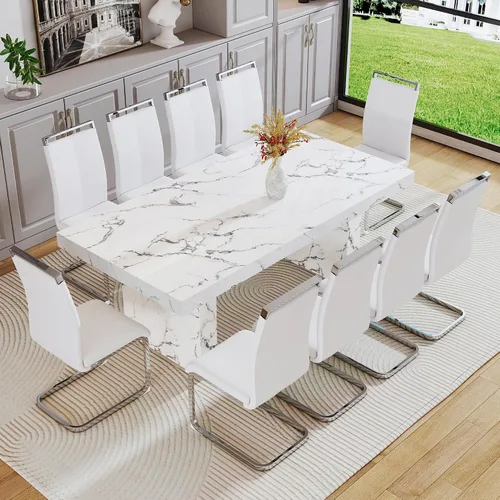 Vista 54 de gopop Mesa de comedor de mármol de 63 pulgadas, tablero de mesa de comedor MDF con patrón de mármol y base para cocina y comedor.