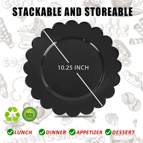 Vista 2 de SUT 72 platos de plástico negro PSC, platos desechables resistentes, platos llanos desechables negros, plato llano de plástico de 10.25 pulgadas