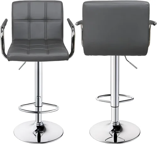 Vista 6 de Leopard Taburetes de bar ajustables con reposabrazos, respaldo cuadrado, doble costura giratoria con taburete trasero, juego de 2 (gris)