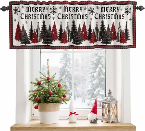 Vista 17 de Christmas Valances for Windows Kitchen Curtains Christmas Balls Bell Window Valance, Gold Star Snowflake Pine Needle Short Topper Window Curtain