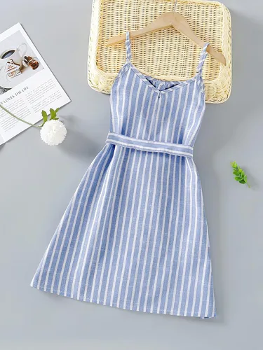 Vista 2 de Romwe Vestido de verano para niña con tirantes delgados botones frontales y cinturón