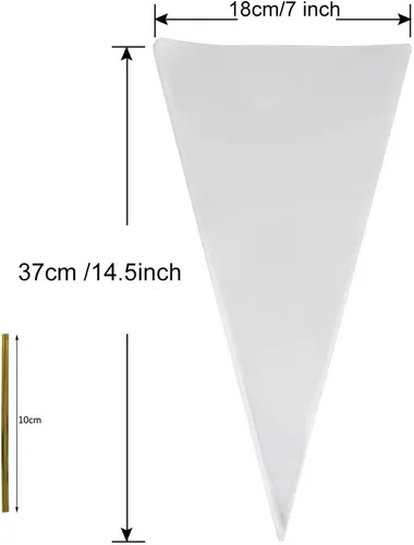 Vista 2 de COOLAKE Bolsas de golosinas en forma de cono, 100 unidades de 7 x 14.5 pulgadas, bolsa de celofán, bolsa de palomitas de maíz con lazos giratorios