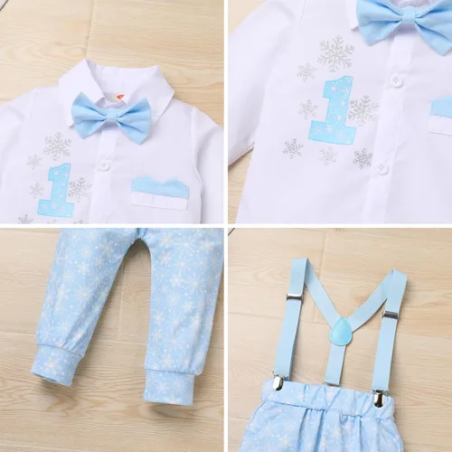 Vista 13 de IBTOM CASTLE Traje de invierno para bebé niño con copos de nieve para primer cumpleaños, mameluco con estampado de pastel y pantalones largos