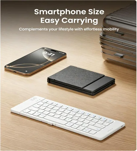 Vista 2 de Diyeeni Teclado compacto plegable, teclado Bluetooth ergonómico portátil, teclados inalámbricos de viaje de tamaño bolsillo para iOS, Android