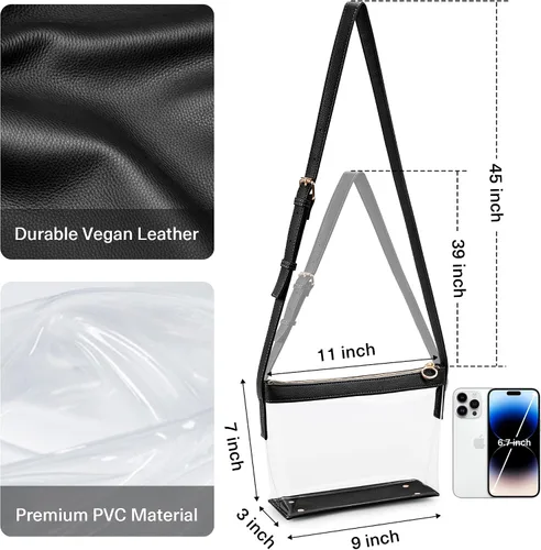 Vista 3 de KALIDI Bolso bandolera transparente aprobado para estadios, bolso cruzado con cremallera, bolso de cuero para concierto deportivo, estación