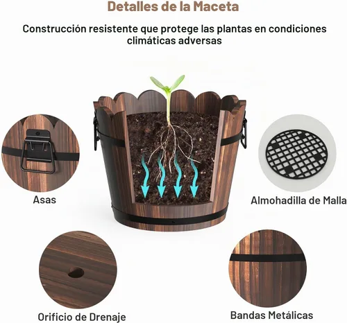 Vista 4 de HakkaGirl Macetas de madera con forma de barril, macetas rústicas para patio y decoración de interiores, juego de 3 Marrón - Juego de 3