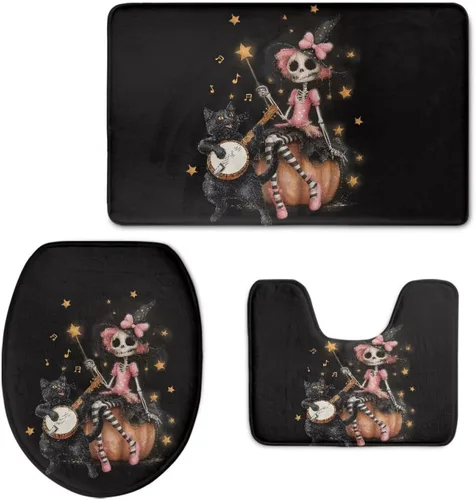 Vista 11 de FOR U DESIGNS Juego de tapetes de baño con moqueta, contorno y tapa, campana de lazo de Navidad, tapete decorativo suave para el hogar, dorado