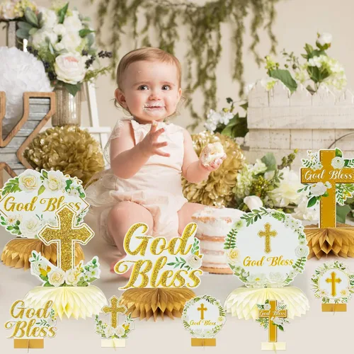 Vista 5 de ANGOLIO Centros de mesa florales de panal en oro blanco - 12 piezas, decoración de romero verde para bautizo, centro de mesa para baby shower