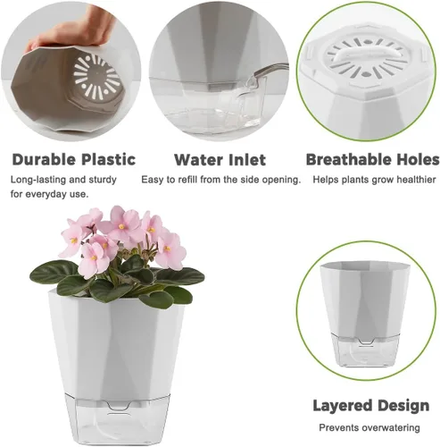Vista 3 de Paquete de 6 macetas de riego automático de 5 pulgadas, macetas de riego automático para plantas de interior y exterior, macetas de riego automático