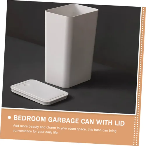Vista 3 de Bote de basura delgado de plástico con tapa de prensa- para baño, cocina, oficina, color blanco