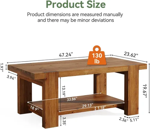 Vista 2 de Mesa de centro de madera maciza con estante de almacenamiento de 2 niveles, mesa central rectangular de granja de 47.2 pulgadas para sala de estar