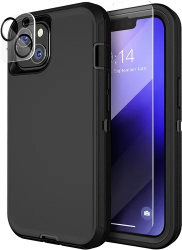 Vista 15 de MXX Funda resistente hecha para iPhone 14 con pantalla de vidrio templado, protector de lente de cámara de 3 capas, protección de cuerpo completo, a