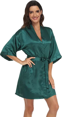 Vista 2 de Bata de satén para mujer, corta, sedosa, para dama de honor, novia, despedida de soltera, ropa para dormir