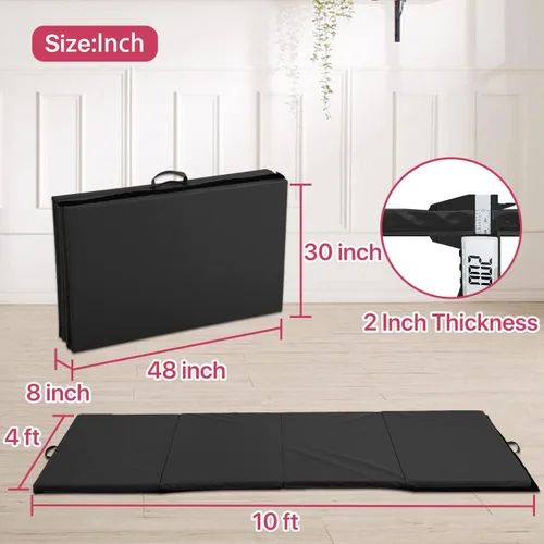 Vista 6 de Colchoneta de gimnasia para gimnasio en casa, plegable, portátil, de 4 x 10 x 2 pulgadas, extra gruesa, con asas de transporte, para niños y adultos